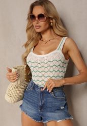 Beżowo-Zielony Ażurowy Top z Dzianiny Rimalia. Brązowe topy damskie Renee, m, w ażurowe wzory, z dzianiny, bez kołnierzyka, bez ramiączek. Za 49.99 zł.