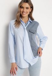 Niebieska Koszula z Krawatem i Jeansową Wstawką Eirisema. Niebieskie koszule damskie Born2be, m, bez wzorów, z jeansu, bez kołnierzyka, bez ramiączek. Za 159.99 zł.