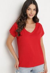 Czerwony Bawełniany T-shirt z Trójkątnym Dekoltem Linarosea. Czerwone t-shirty damskie Born2be, l, bez wzorów, z bawełny, bez kołnierzyka, bez ramiączek. Za 39.99 zł.