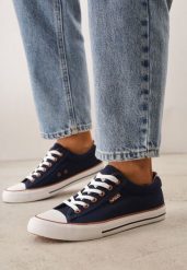 Granatowe Klasyczne Trampki do Kostki z Lamówką przy Podeszwie Kasiope. Niebieskie trampki i tenisówki damskie Born2be, bez wzorów, z jeansu, bez zapięcia. Za 59.99 zł.