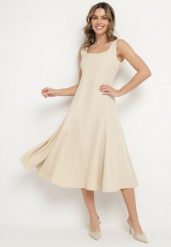 Beżowa Klasyczna Sukienka o Rozkloszowanym Kroju Delure. Brązowe sukienki damskie Born2be, l, z aplikacjami, eleganckie, bez kołnierzyka, bez ramiączek, midi, rozkloszowane. Za 99.99 zł.