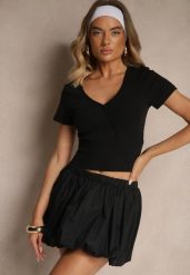 Czarny Bawełniany T-shirt z Prążkowanej Tkaniny z Dekoltem w Szpic Filaretta. Czarne t-shirty damskie Renee, l, bez wzorów, z bawełny, biznesowe, bez kołnierzyka, bez ramiączek. Za 39.99 zł.