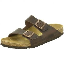 Klapki Birkenstock Arizona. Brązowe klapki damskie Birkenstock, na lato, bez wzorów, z jeansu, eleganckie, bez obcasa, bez zapięcia. Za 526.25 zł.