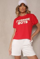Czerwony T-shirt z Nadrukiem Napisu Dezerine. Czerwone t-shirty damskie Renee, l, bez wzorów, z jeansu, klasyczne, bez kołnierzyka, bez ramiączek. Za 29.99 zł.