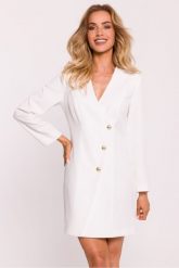 Elegancka sukienka żakietowa z dekoltem V i guzikami ecru. Sukienki damskie MOE, l, bez wzorów, eleganckie, bez kołnierzyka, bez ramiączek. Za 399.00 zł.
