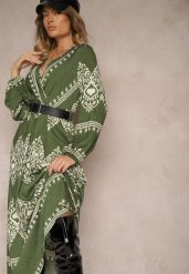 Zielona Wzorzysta Sukienka z Wiskozą o Kopertowym Kroju z Paskiem i Gumką w Talii Sagilaine. Zielone sukienki damskie Renee, na co dzień, m, bez wzorów, z wiskozy, eleganckie, bez kołnierzyka, bez ramiączek, maxi, kopertowe. Za 89.99 zł.