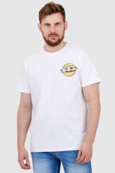 GUESS Biały t-shirt męski sunset and palm trees. Białe t-shirty męskie Guess, l, z aplikacjami, bez kołnierzyka, bez ramiączek. W wyprzedaży za 108.99 zł.