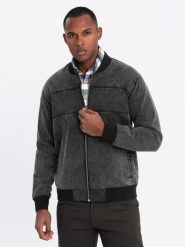 Męska jeansowa kurtka bomberka z efektem stone wash – czarna V2 OM-JADJ-0163 - XXL. Czarne kurtki męskie Ombre Clothing, l, bez wzorów, z bawełny, klasyczne, bez kaptura. Za 179.99 zł.