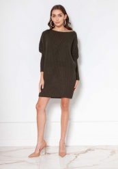 Swetrowa Tunika z Dekoltem w Łódkę - Khaki. Brązowe tuniki damskie Lanti, l, bez wzorów, z materiału, bez ramiączek. Za 209.90 zł.