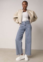 Niebieskie Jeansy o Szerokim Kroju z Lyocellem Bawełną i Wysokim Stanem Onisea. Niebieskie jeansy damskie Born2be, bez wzorów, z bawełny, eleganckie, z podwyższonym stanem, długie. Za 129.99 zł.