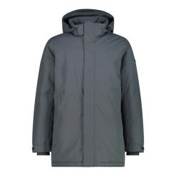 Kurtka parka z zamkiem błyskawicznym i stałym kapturem CMP. Szare kurtki męskie CMP, na zimę, bez wzorów, sportowe, bez kołnierzyka. Za 588.50 zł.