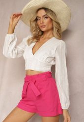 Fuksjowe Szorty High Waist Wiązane w Pasie Gilalilena. Czerwone szorty damskie Renee, bez wzorów, z materiału, eleganckie, z podwyższonym stanem. Za 39.99 zł.