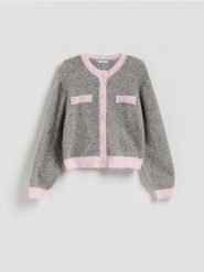 Kardigan z kontrastową lamówką - wielobarwny. Kardigany damskie Reserved, l, bez wzorów, z dzianiny, bez kołnierzyka. Za 129.99 zł.