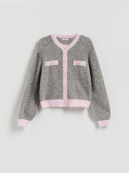 Kardigan z kontrastową lamówką - wielobarwny. Kardigany damskie Reserved, l, bez wzorów, z dzianiny, bez kołnierzyka. Za 129.99 zł.