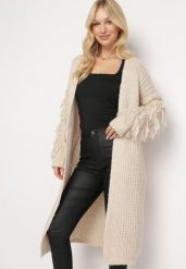 Jasnobeżowy Długi Kardigan z Frędzlami i Paskiem Hanessa. Brązowe kardigany damskie Born2be, z aplikacjami, eleganckie, bez kołnierzyka. Za 129.99 zł.