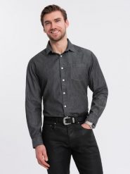 Męska jeansowa koszula z haftowaną kieszonką – czarna V2 OM-SHDS-0181 - XXL. Czarne koszule męskie Ombre Clothing, l, z aplikacjami, z denimu, eleganckie, bez kołnierzyka, bez ramiączek. Za 125.99 zł.