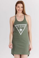 GUESS Zielona sukienka z trójkątnym logo. Zielone sukienki damskie Guess, s, z aplikacjami, z bawełny, bez kołnierzyka, bez ramiączek. W wyprzedaży za 119.99 zł.