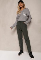 Ciemnozielone Spodnie z Bawełną High Waist Ozdobione Sznurkiem Venaline. Zielone spodnie materiałowe damskie Renee, bez wzorów, z bawełny, klasyczne, z podwyższonym stanem. Za 59.99 zł.