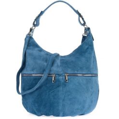 Shopperka skórzana VERA PELLA K51 niebieska. Niebieskie shopperki damskie bez wzorów, z materiału, na ramię, zamszowe, bez dodatków. Za 181.40 zł.