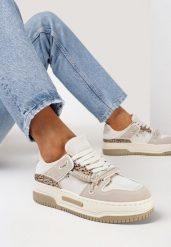 Beżowe Sneakersy na Platformie z Ozdobnym Sznurowaniem Awidea. Brązowe obuwie sportowe damskie Born2be, bez wzorów, z jeansu, bez zapięcia. Za 89.99 zł.