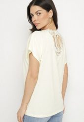 Żółty Bawełniany T-shirt Nietoperz z Perłami i Koronką Eleziria. Żółte t-shirty damskie Born2be, l, bez wzorów, z bawełny, bez kołnierzyka, bez ramiączek. Za 34.99 zł.