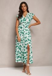 Zielona Rozkloszowana Sukienka Maxi w Kwiatowy Print z Gumką w Pasie Javiky. Zielone sukienki damskie Renee, na imprezę, l, bez wzorów, z materiału, bez kołnierzyka, bez ramiączek, maxi, kopertowe. Za 74.99 zł.
