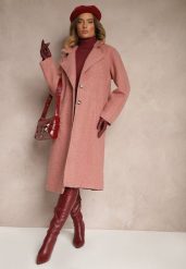 Różowy Płaszcz Jednorzędowy o Długim Kroju z Materiału Boucle Deorina. Czerwone płaszcze damskie Renee, m, bez wzorów, biznesowe, bez kołnierzyka, bez kaptura. Za 159.99 zł.