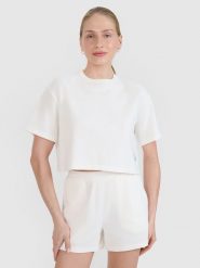 4F T-shirt crop top z waflowej dzianiny damski - biały XL. Białe t-shirty damskie 4F, xl, bez wzorów, z bawełny, sportowe, bez kołnierzyka, bez ramiączek. W wyprzedaży za 49.99 zł.