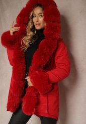 Czerwona Kurtka Parka z Futerkiem i Szerokim Kapturem Florion. Czerwone kurtki damskie Renee, na zimę, m, z aplikacjami, z futra. Za 179.99 zł.