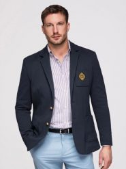 Marynarka OM-BLZB-0166 - - Rozmiar: L. Niebieskie garnitury męskie Ombre Clothing, l, z aplikacjami, z bawełny, casualowe, bez kołnierzyka, bez ramiączek. W wyprzedaży za 419.99 zł.