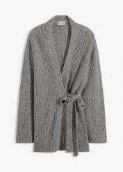 Kopertowy kardigan oversize. Szare kardigany damskie bonprix, bez wzorów, bez kołnierzyka. Za 189.99 zł.