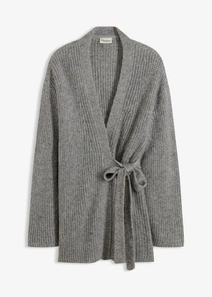 Kopertowy kardigan oversize. Szare kardigany damskie bonprix, bez wzorów, bez kołnierzyka. Za 189.99 zł.