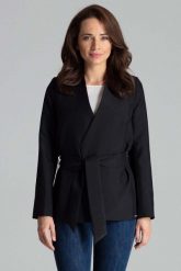 Czarny Stylowy Żakiet bez Zapięcia z Wiązanym Paskiem. Czarne marynarki i żakiety damskie Katrus, bez wzorów, z materiału, eleganckie, bez kołnierzyka, bez ramiączek. Za 279.00 zł.