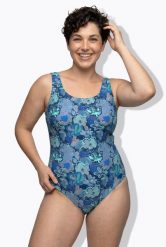 Damskie Strój kąpielowy kwiaty bez miękkich miseczek pas pod biustem. Niebieskie stroje kąpielowe damskie Ulla Popken, plus size, bez wzorów, z elastanu. Za 159.99 zł.