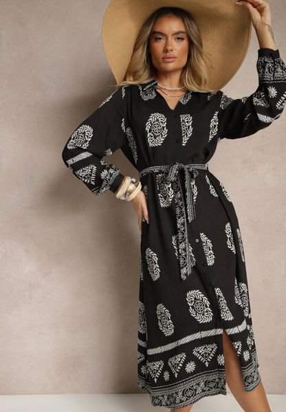 Czarna Sukienka Koszulowa Wiązana w Pasie w Stylu Boho Rorisha. Czarne sukienki damskie Renee, na co dzień, l, bez wzorów, z wiskozy, boho, bez kołnierzyka, bez ramiączek, midi, koszulowe. Za 119.99 zł.