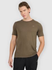 4F Koszulka trekkingowa z wełną merino męska - oliwkowa/khaki M. Brązowe t-shirty męskie 4F, m, bez wzorów, z materiału, bez kołnierzyka, bez ramiączek. Za 199.99 zł.