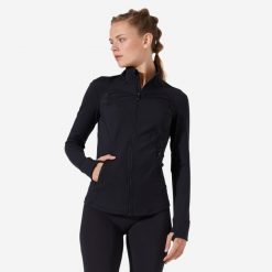 Bluza na zamek damska Domyos fitness 900 training. Czarne bluzy damskie DOMYOS, l, bez wzorów, z materiału, sportowe, bez ramiączek, bez kaptura. Za 169.99 zł.