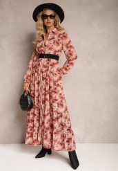 Różowa Rozkloszowana Sukienka Koszulowa Maxi w Kwiaty Nersa. Czerwone sukienki damskie Renee, l, bez wzorów, bez kołnierzyka, bez ramiączek, maxi, koszulowe. Za 129.99 zł.