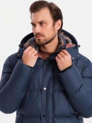 Kurtka męska Ombre Kurtka męska puffer z podszewką w kratę granatowa V1 OM-JAHP-0205 XL. Kurtki męskie Ombre, m, bez wzorów, bez kaptura. Za 399.99 zł.