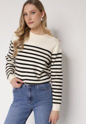 Czarno-Kremowy Sweter z Wiskozą w Paski z Guzikami Lillenia. Czarne swetry nierozpinane damskie Born2be, uniwersalny, bez wzorów, z jeansu, eleganckie, bez kołnierzyka, bez ramiączek. Za 109.99 zł.