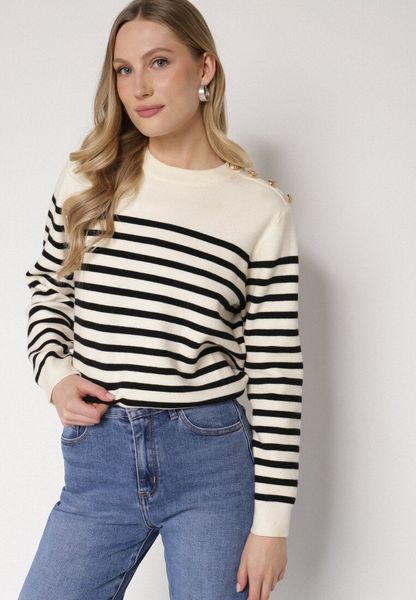 Czarno-Kremowy Sweter z Wiskozą w Paski z Guzikami Lillenia. Czarne swetry nierozpinane damskie Born2be, uniwersalny, bez wzorów, z jeansu, eleganckie, bez kołnierzyka, bez ramiączek. Za 109.99 zł.