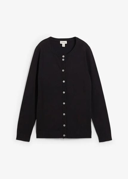 Sweter rozpinany z okrągłym dekoltem. Czarne kardigany damskie bonprix, bez wzorów, bez kołnierzyka. Za 84.99 zł.