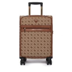Walizka kabinowa Guess. Brązowe walizki damskie Guess, z aplikacjami. Za 829.99 zł.