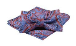 Męska Mucha z Poszetką, Niebieski i Pomarańczowy Wzór - Alties. Niebieskie krawaty i muchy Alties, bez wzorów, eleganckie. Za 54.00 zł.