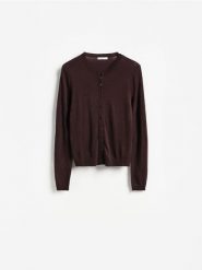 Kardigan z wełną - brązowy. Brązowe kardigany damskie Reserved, l, bez wzorów, z wełny, bez kołnierzyka. Za 129.99 zł.