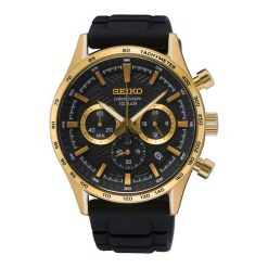 Seiko Mężczyźni zegarek Chronograph Gold Zegarki męskie 1 ct Męskie. Czarne zegarki męskie Seiko, bez wzorów, z materiału, szklane. Za 1,619.99 zł.