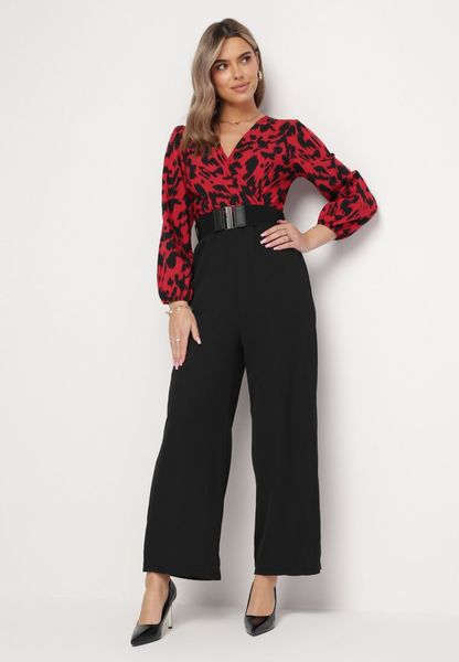 Czerwono-Czarny Kombinezon z Kopertowym Dekoltem i Gumką w Pasie Dodatkowo Pasek Junnina. Czerwone sukienki damskie Born2be, s, bez wzorów, bez kołnierzyka, bez ramiączek, kopertowe. Za 54.99 zł.