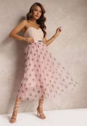 Różowa Tiulowa Rozkloszowana Spódnica Plisowana z Aplikacjami Serc i Gumką w Pasie Missari. Czerwone spódnice damskie Renee, na co dzień, l, z aplikacjami, z tiulu, eleganckie, midi, plisowane. Za 39.99 zł.
