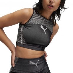 Koszulki Puma Model To Crop Top Kolor Czarny. Czarne koszulki sportowe damskie Puma, bez wzorów, z tkaniny, bez ramiączek. W wyprzedaży za 134.30 zł.