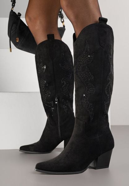 Czarne Kozaki Kowbojki na Stożkowym Obcasie Zdobione Cyrkoniami Nalasania. Czarne kozaki damskie Renee, z aplikacjami, z koronki, bez obcasa, na obcasie, bez zapięcia. Za 139.99 zł.